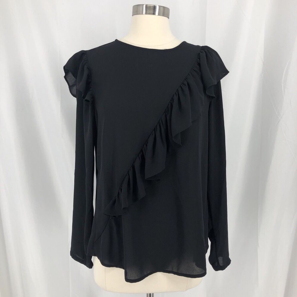 Halogen Women's Long Sleeve Asymmetrical Ruffle Blouse Black Sz. Small